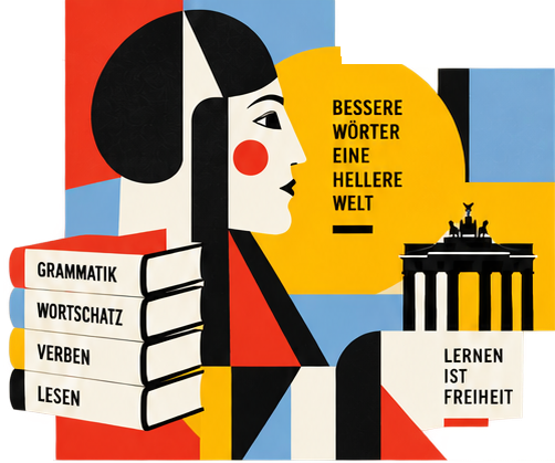 Cubist collage: a woman's profile beside a stack of books labelled Grammatik, Wortschatz, Verben and Lesen